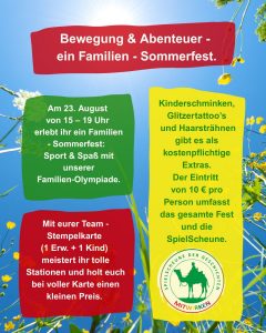 Bewegung & Abenteuer - ein Familien - Sommerfest. Am 23. August von 15 - 19 Uhr erlebt ihr ein Familien-Sommerfest: Sport & Spaß mit unserer Familien-Olympiade.