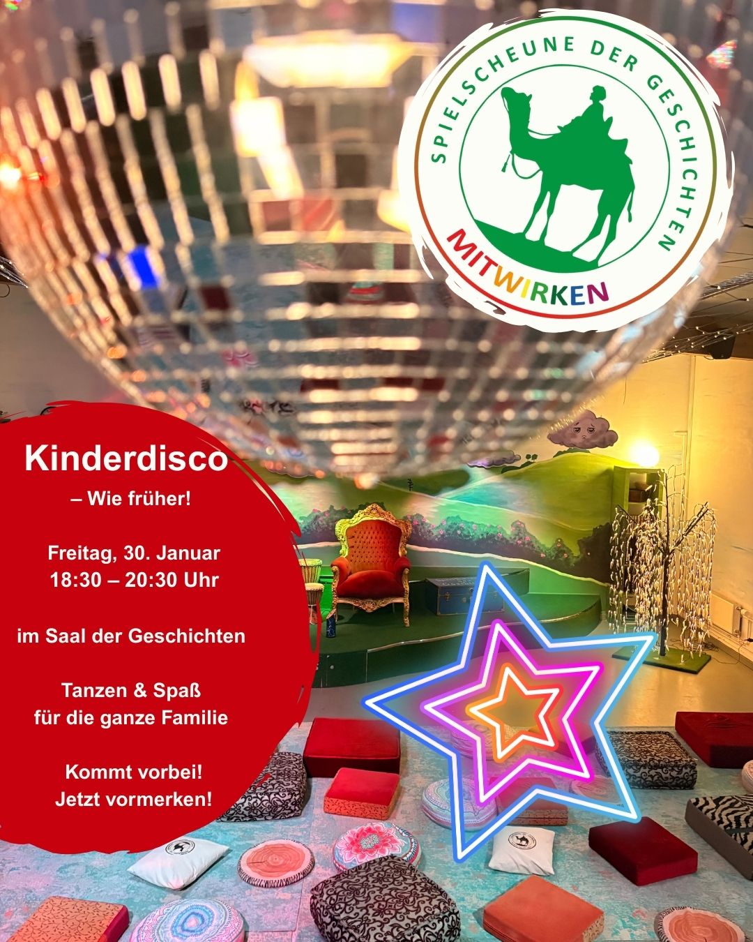 Kinderdisco - Wie früher! Freitag, 30. Januar 18:30 - 20:30 Uhr im Saal der Geschichten Tanzen & Spaß für die ganze Familie Kommt vorbei! Jetzt vormerken!